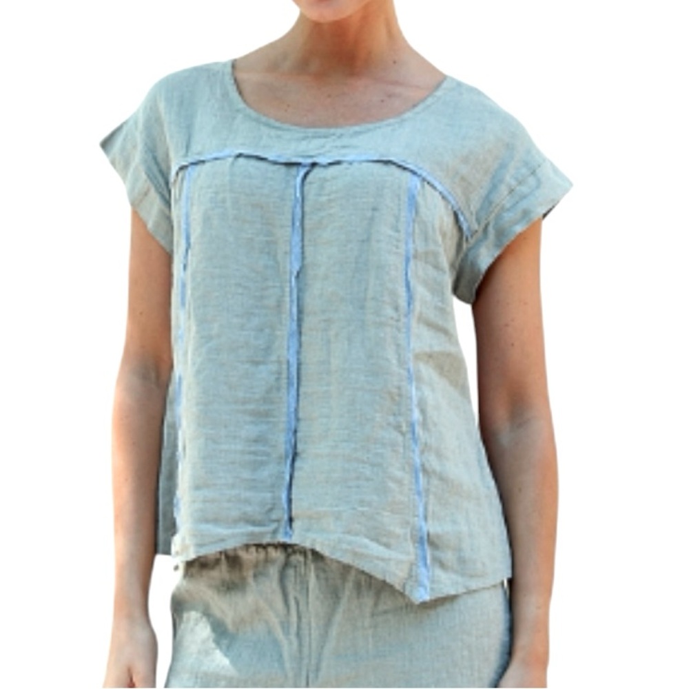 Zele Light Gray Top with Blue Accents